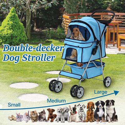 Dkelincs 4 Wheels Pet Stroller Folding Dog Cat Stroller Travel Carrier with Cup Holder & Storage Basket, Blue