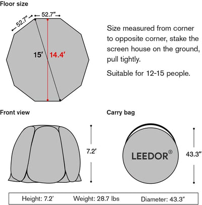 Screen House Tent Instant Room Outdoor Canopy 15x15 Gray