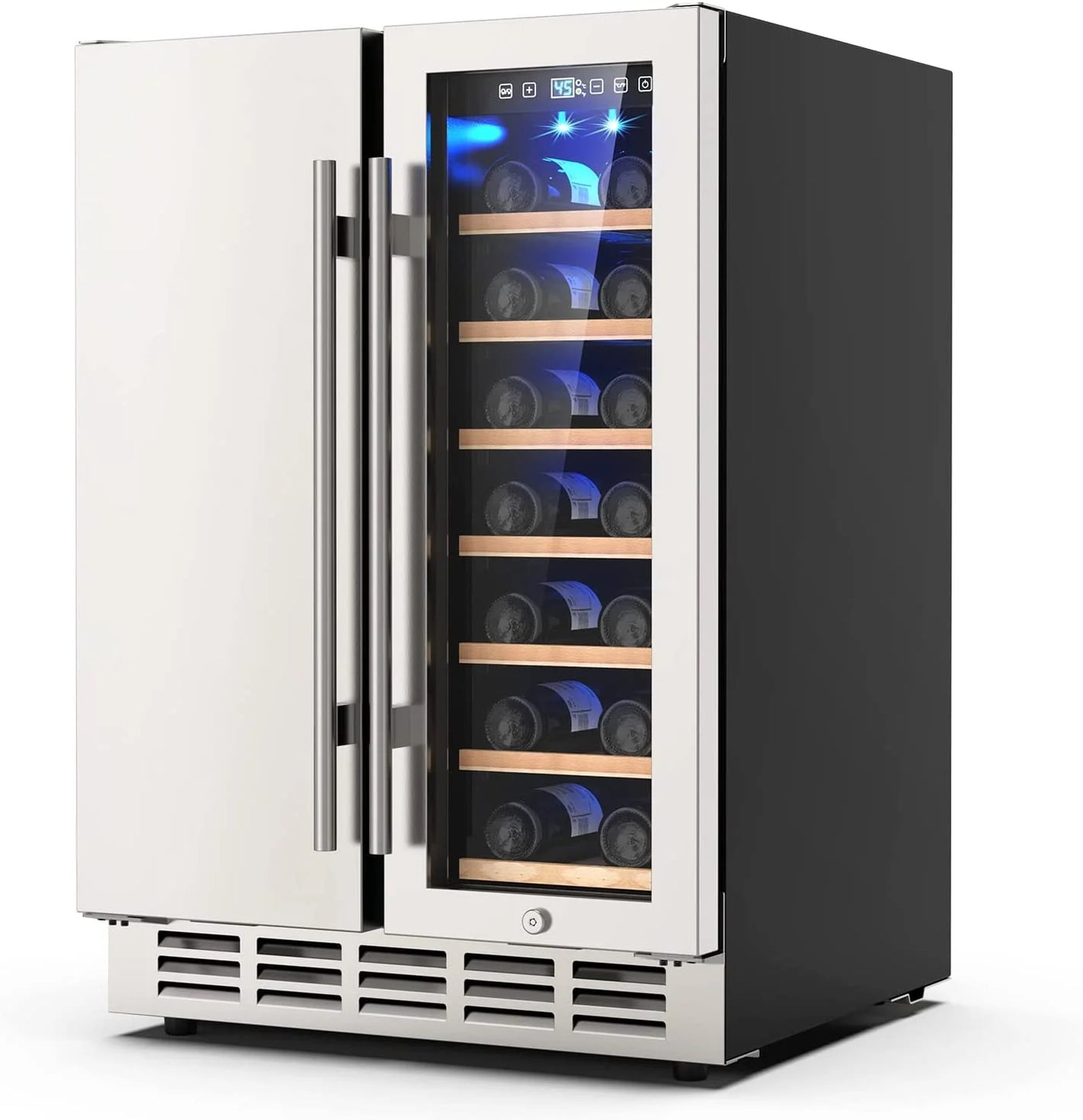 Ecojoy Wine and Beverage Refrigerator, 24 Inch Dual Zone Wine Fridge, Under Counter Wine Cooler Fridge Built-In or Freestanding, Holds 20 Bottles and 57 Cans