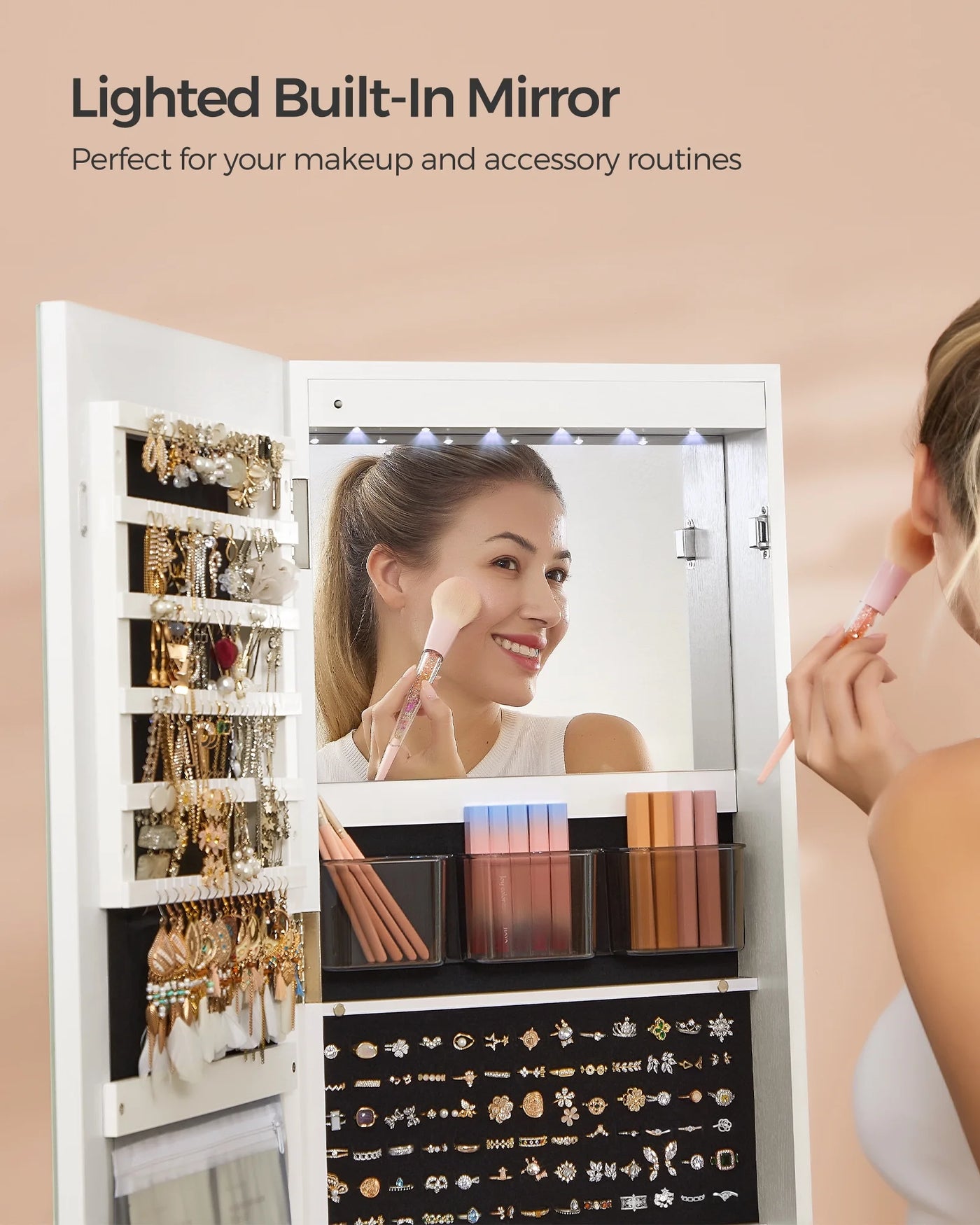 SONGMICS LED Mirror Jewelry Cabinet Standing Jewelry Armoire Organizer Box with Full-Length Mirror and Adjustable LED Lights White