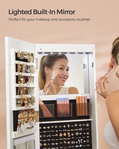 SONGMICS LED Mirror Jewelry Cabinet Standing Jewelry Armoire Organizer Box with Full-Length Mirror and Adjustable LED Lights White