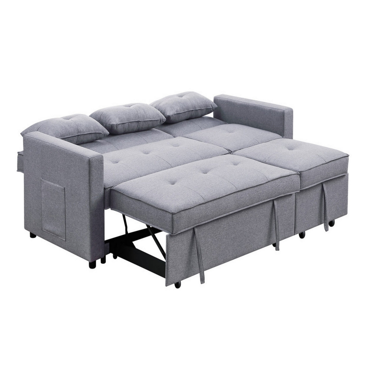 Benjara BM286632 80 in. Jayce Wood Convertible Sleeper Sofa with Side Pocket, Light Gray & Black