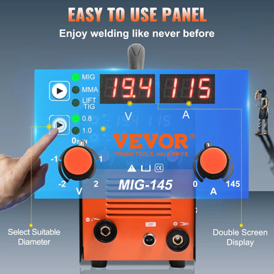 VEVOR 145A MIG Welder, 3 in 1 Combo Gasless MIG/Lift TIG/MMA with Welding Machine, 110 V Flux Core/Solid Wire Welding Machine with IGBT Inverter & MIG Torch