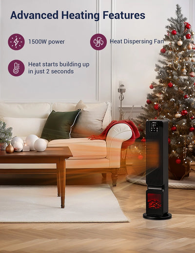 DELLA 26" 1500W PTC Fast and Quiet Ceramic Portable Electric Space Heaters with Realistic 3D Flame & Fire Crackling Sound, 3 Modes, Eco, LED Display, Remote, Safety Indoor Room Tower Heater Fan, Black