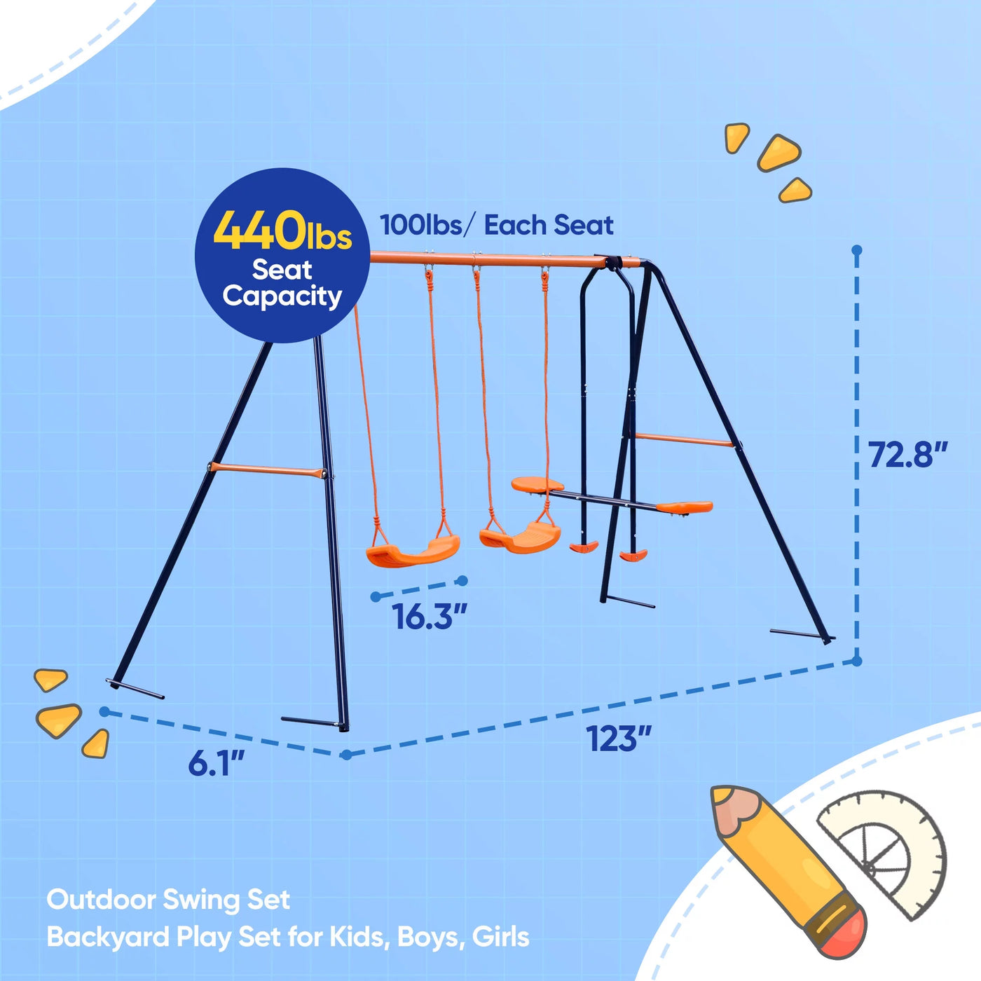 ZenSports Outdoor Double Kids Play Swing Set W/ 2 Seats & 1 Glide Heavy-Duty, 440lbs Capacity