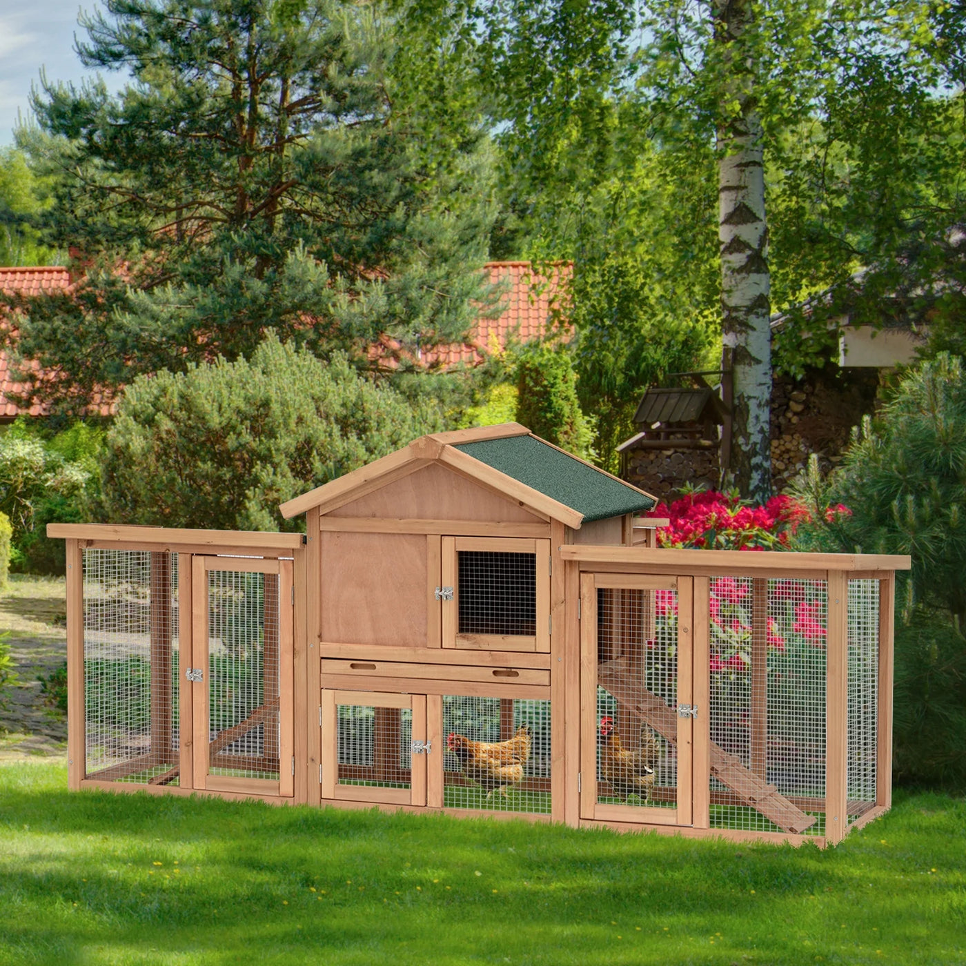 PawHut 80" Chicken Coop, Wooden Outdoor Chicken Cage Poultry Hen House with Nesting Box, Double Runs, Removable Tray, Ramps, for Garden Backyard