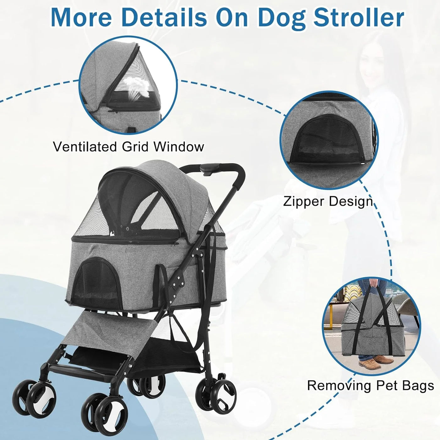 Dkeli 4 Wheels Dog Stroller Folding Pet Stroller Cat Stroller for Medium Dogs with Detachable Carrier, Grey