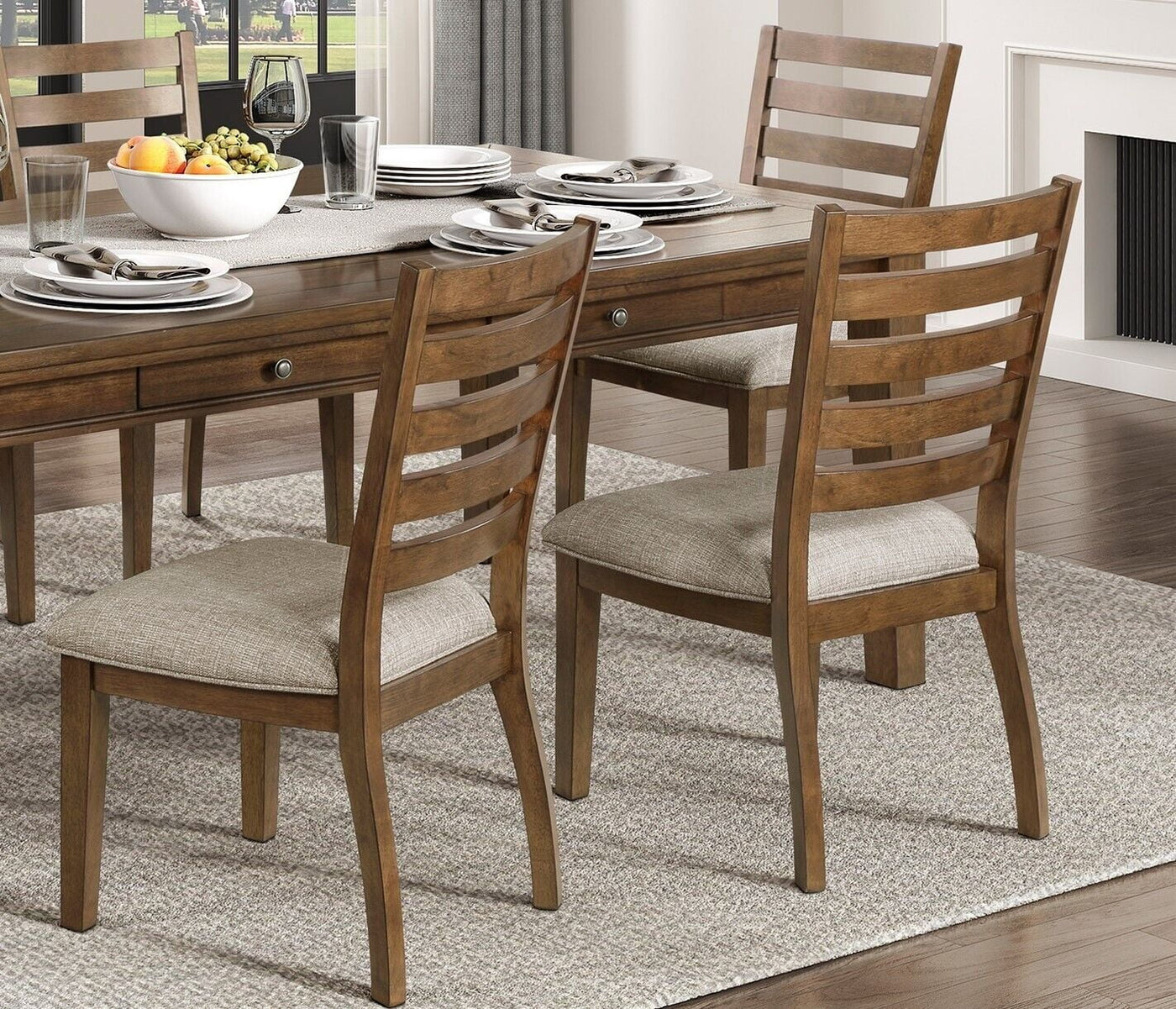 Ladder Back Cherry Finish Side Chairs Set of 2pc Fabric Upholstery Padded Seat Wooden Dining Furniture