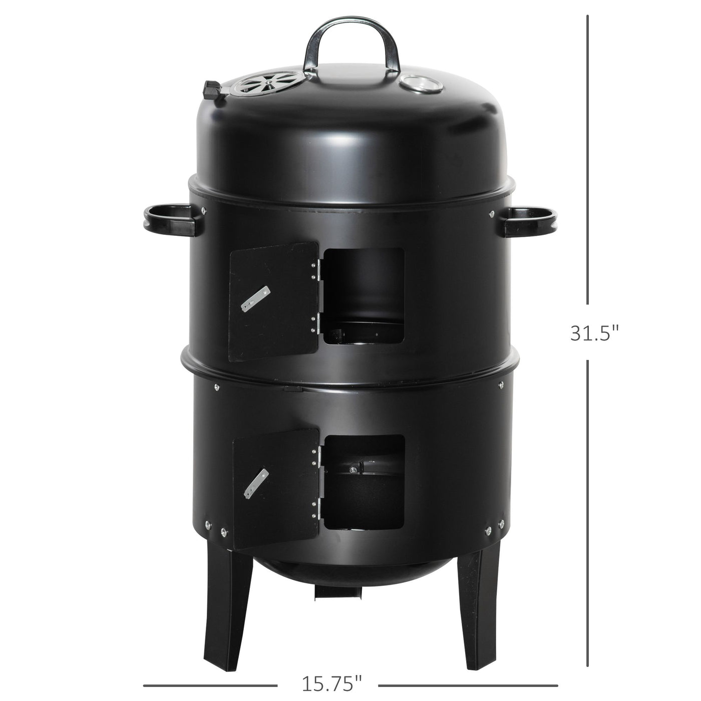 Outsunny Vertical Charcoal BBQ Smoker, 3-in-1 16" Round Charcoal Barbecue Grill with 2 Cooking Area, and Thermometer for Outdoor Camping Picnic Backyard Cooking, Black