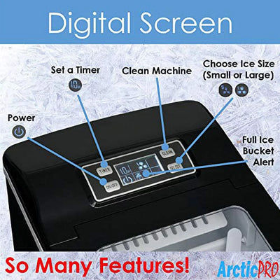 PORTABLE DIGITAL ICE MAKER MACHINE by Arctic-Pro with Ice Scoop, First Ice in 6-8 Minutes, 26 Pounds Daily, Great for Kitchens, Tailgating, Bars, Party, Small/Large Cubes, Black, 11.5x8.7x12.5 Inches