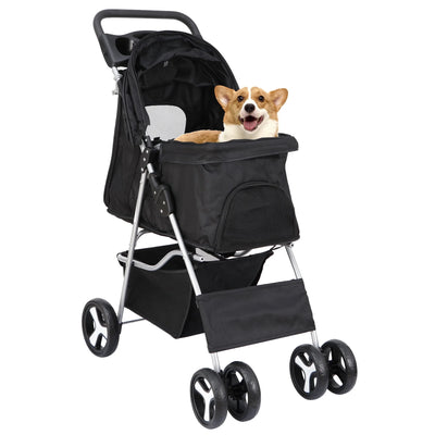 HomGarden 4 Wheel Pet Dog Stroller Foldable Carrier Strolling Cart for Small Dog Cat W/Storage Basket & Cup Holder, Black