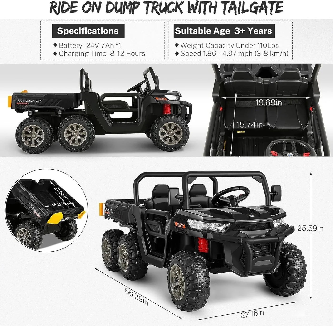 6-Wheel 24V UTV Ride-On with Dump Bed and 4WD Power