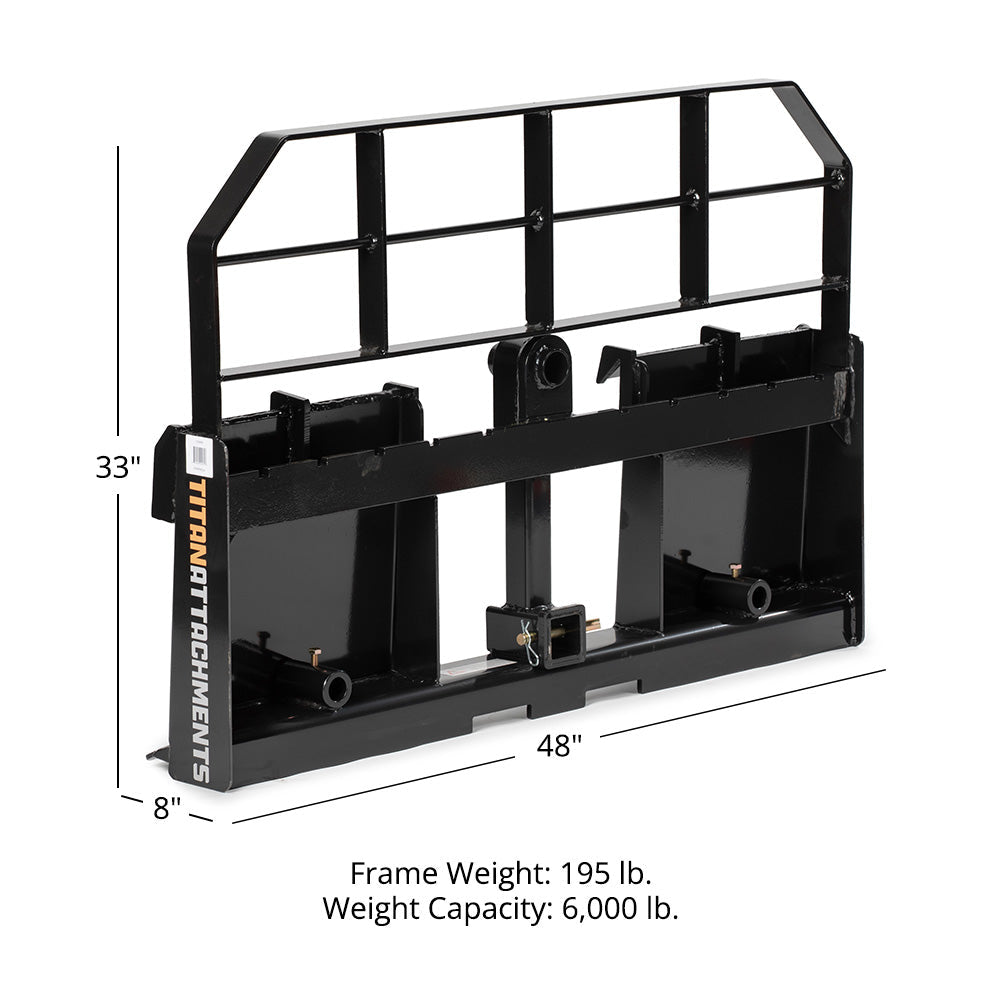 Titan Attachments Pro Series Pallet Fork Frame, Quick Tach Connection for Skid Steers, Tractors, Optional Pallet Fork Blades, Hay Spear Sleeves Included, 2" Receiver Hitch, Rated 6,000 LB