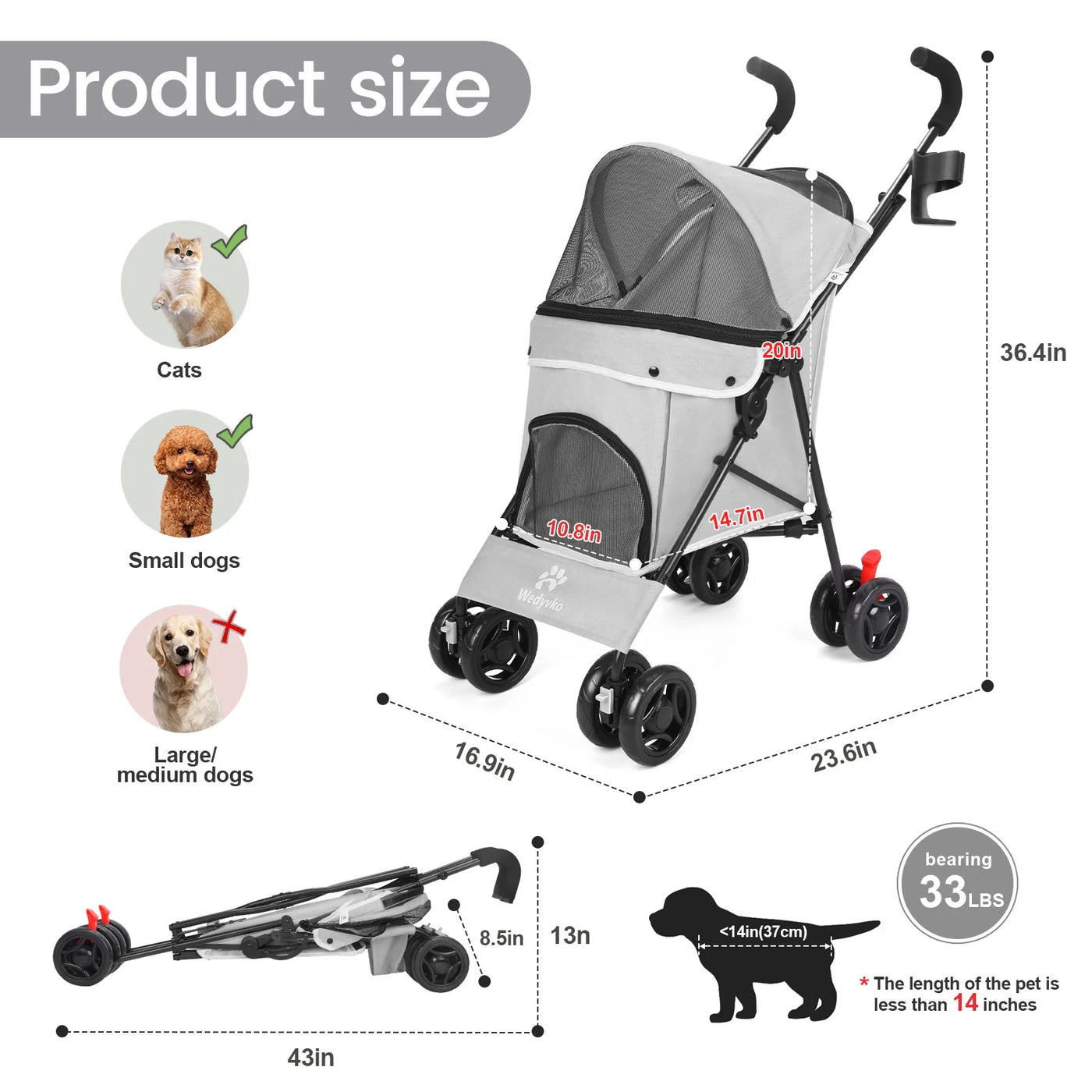 4 Wheel Foldable Cat Dog Stroller with Storage Basket, Handle 360° Front Wheel Rear Wheel with Brake for Small Medium Dogs & Cats-Gray