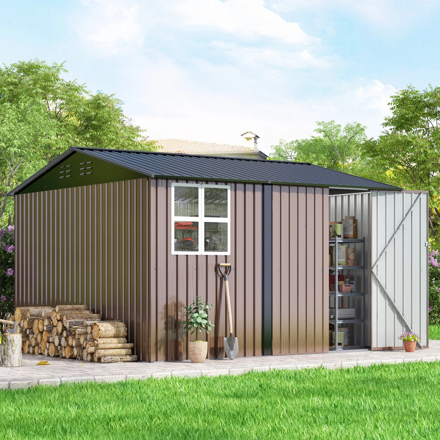 JAXPETY 10 x 10 ft Outdoor Metal Storage Shed with Window & Lockable Door for Garden, Backyard, Tool Storage Use, Brown