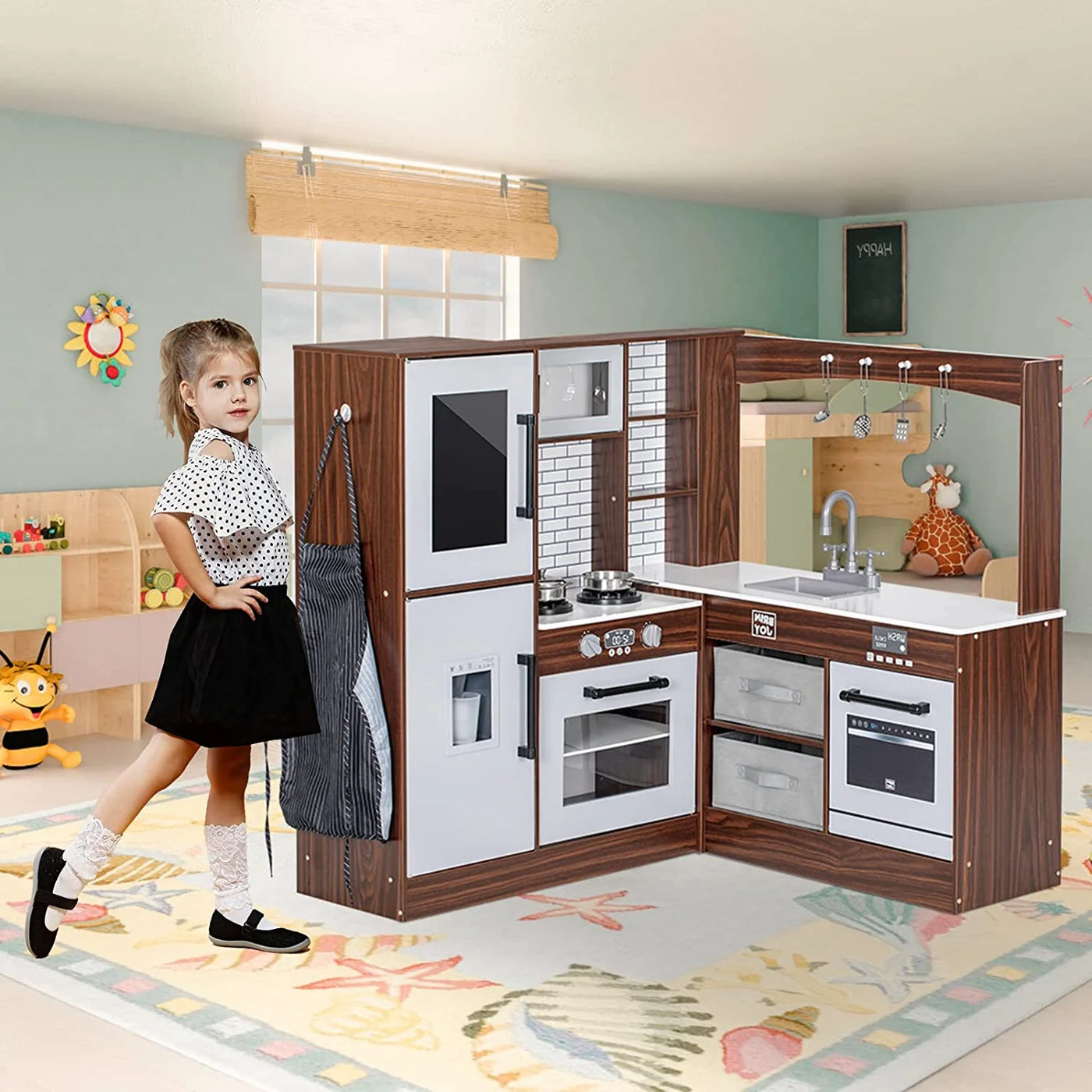 BRINJOY Corner Play Kitchen for Kids, Wooden Toddler Kitchen Playset w/ Faucet, Sink, Microwave, Oven, Apron, Blackboard, Storage Cabinets, Pretend Cooking Toys w/ Sound & Light Gift for Ages 3+