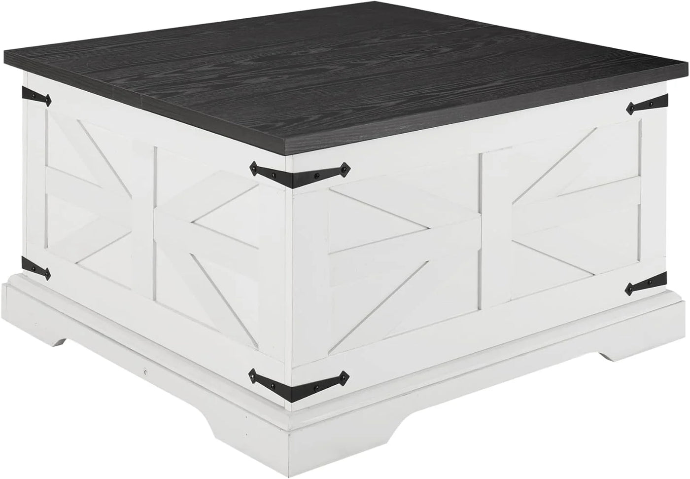 Farmhouse Coffee Table, Square Cocktail Table with Hidden Storage, Barn Panel Design and Hinged Lift Top, Center Table Decorated with Retro-Styled Metal Accents, White