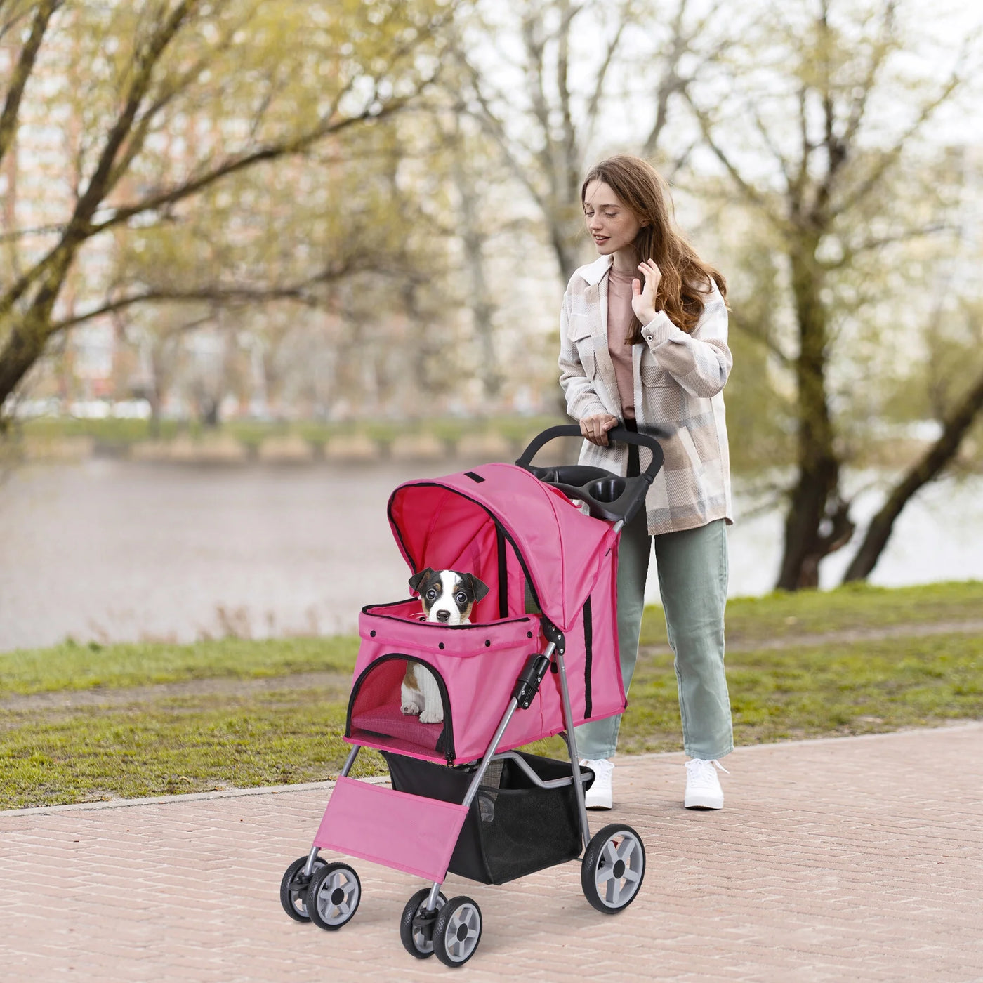 ZENSTYLE 4 Wheels Pet Stroller Foldable Carrier Strolling Cart for Cat Dog w/ Storage Basket Pink