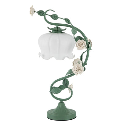 Rose Flower Table Lamp for Bedroom, Stained Glass Desk Lamp Elegant Flower Plug-in Bedside Nightstand Lamp 60W Max Green