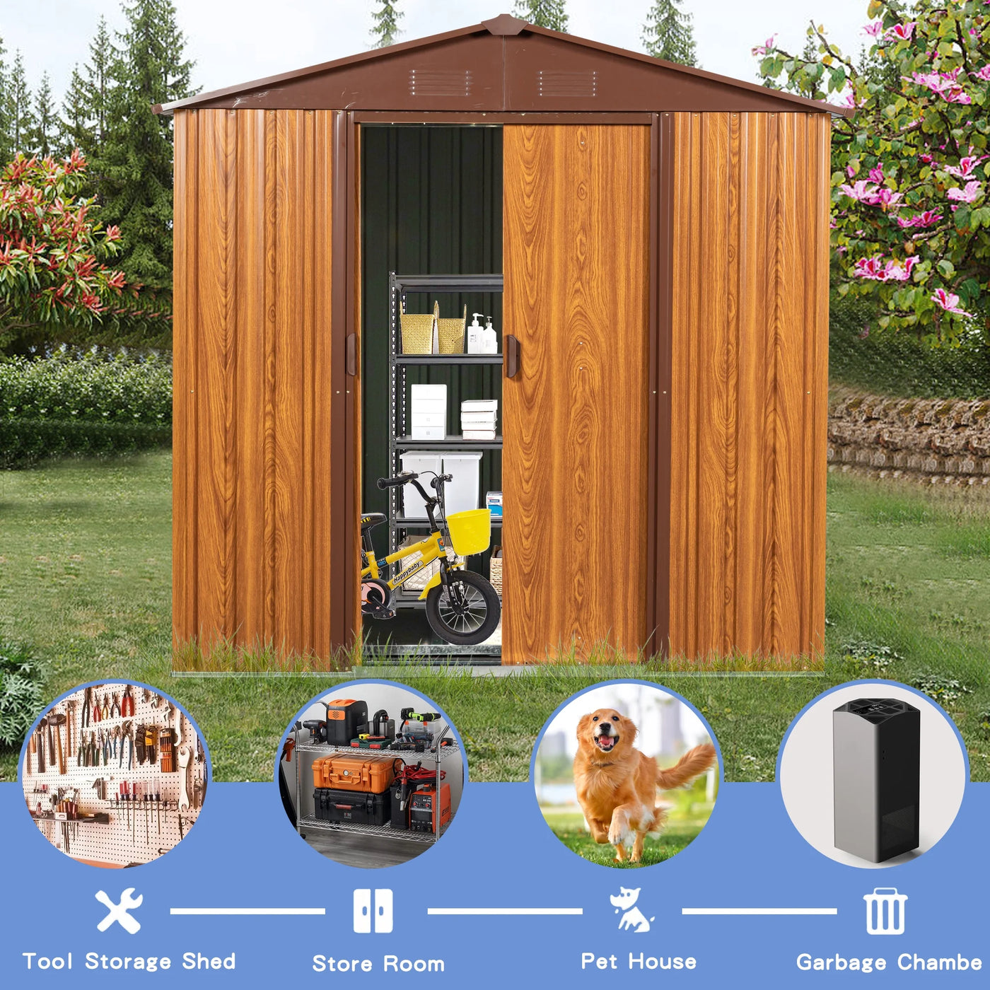 6.36 x 5.7ft Outdoor Metal Storage Shed with Floor Frame, Sliding Doors, Sun Protection, Waterproof Tool Storage Shed for Garden, Patio, Lawn,Backyard (Brown & Wood Grain-No Window)