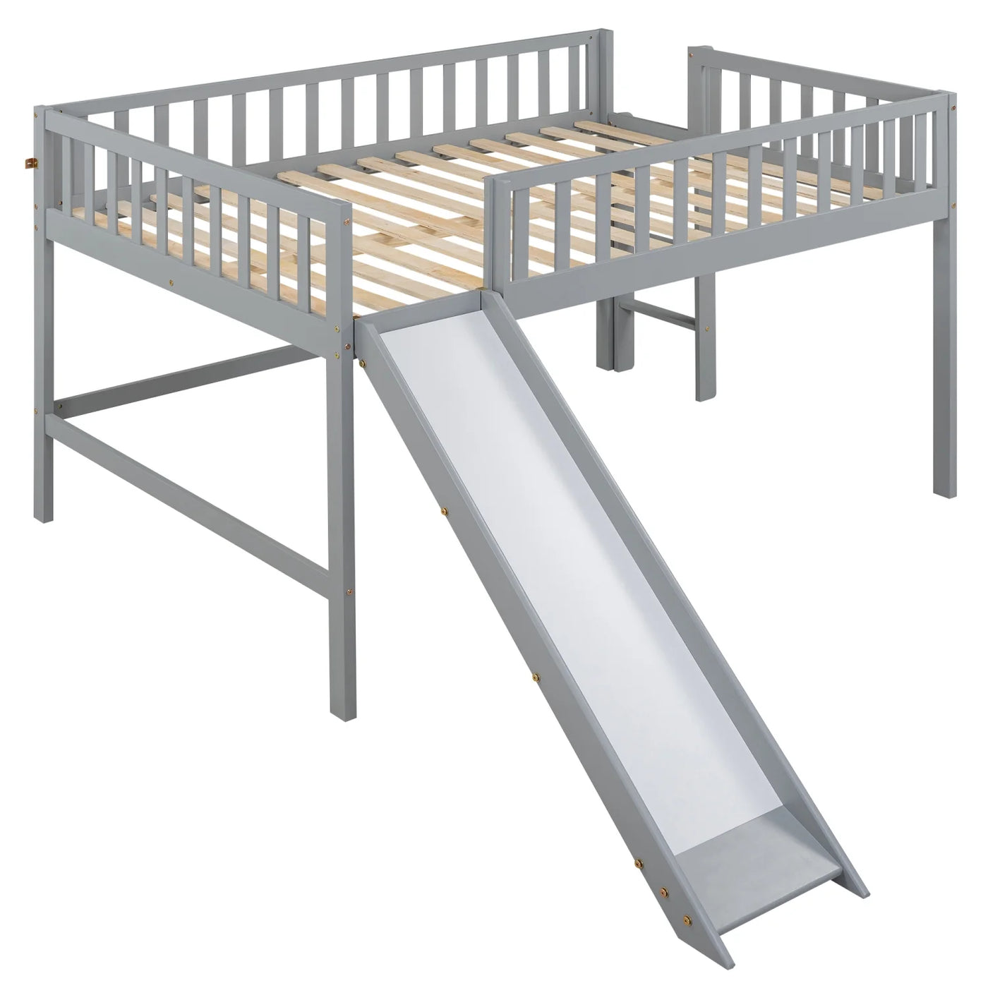 Gray Full Size Low Loft Bed with Fun Ladder and Slide for Kids‘ Bedroom Sturdy and Stylish Design Space-Saving Furniture Solution for Cozy Sleep and Play Area