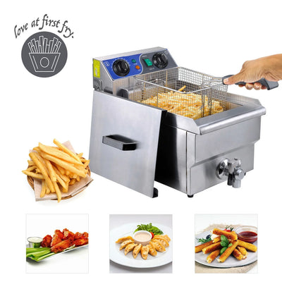 Koval Inc. Stainless Steel Commercial Electric Deep Fat Fryer with Drain and Basket (10L, Silver Single Tank)