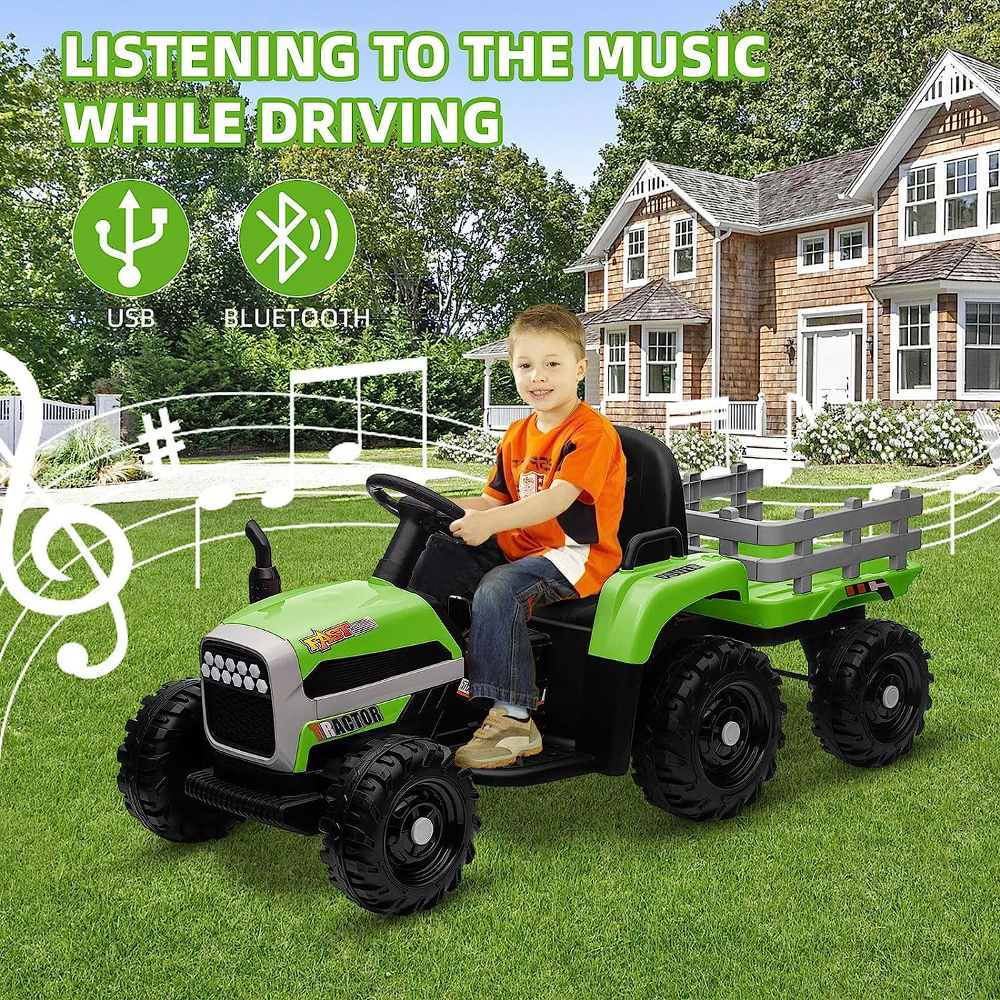 Track 7 24V Ride on Tractor with Trailer, 400W Motor, 6-Wheels Ride on Truck Car with Remote Control, Music, Lights, Electric Tractor Max Speed 5 mph, Green