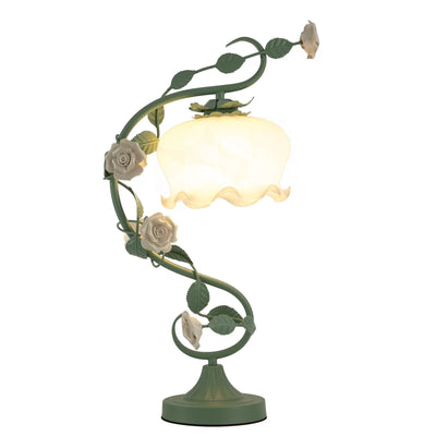 Rose Flower Table Lamp for Bedroom, Stained Glass Desk Lamp Elegant Flower Plug-in Bedside Nightstand Lamp 60W Max Green