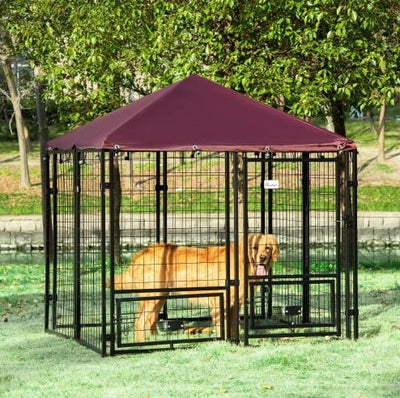 5' x 5' x 5' Dog Kennel Outdoor with Rotating Bowl Holders, Walk-in Pet Playpen, Welded Wire Steel Dog Fence with Water-and UV-Resistant Canopy, Black and Red