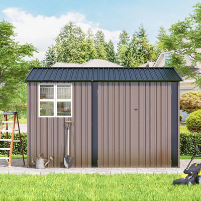 JAXPETY 10 x 10 ft Outdoor Metal Storage Shed with Window & Lockable Door for Garden, Backyard, Tool Storage Use, Brown