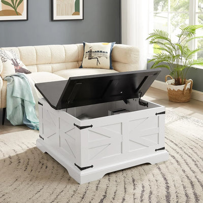 Farmhouse Coffee Table, Square Cocktail Table with Hidden Storage, Barn Panel Design and Hinged Lift Top, Center Table Decorated with Retro-Styled Metal Accents, White