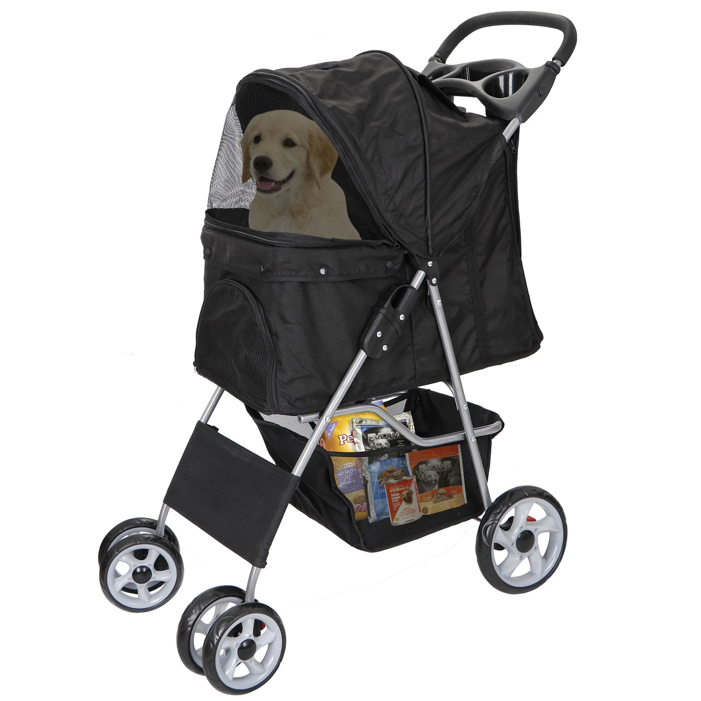 HomGarden 4 Wheel Pet Dog Stroller Foldable Carrier Strolling Cart for Small Dog Cat W/Storage Basket & Cup Holder, Black