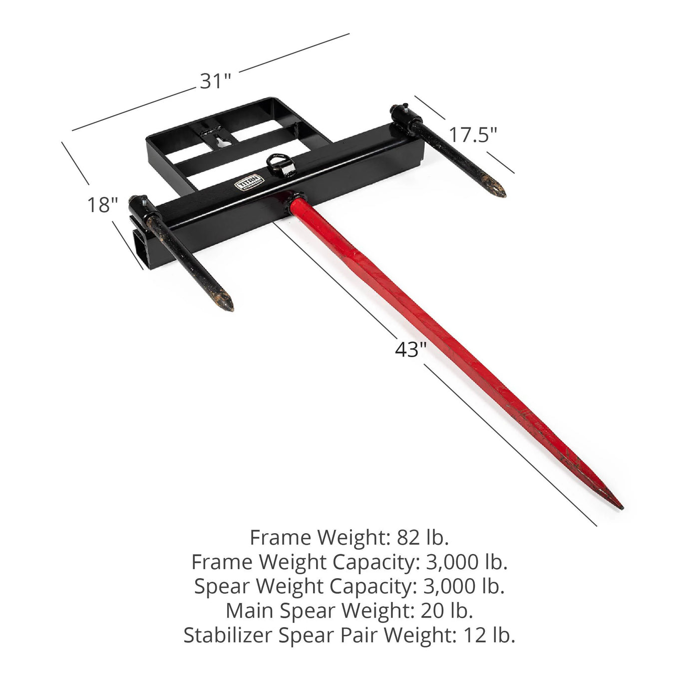 Titan Attachments 43" Hay Bale Spear Attachment with Stabilizer Spears, Universal HD Front Skid Steer Tractor Loader Bucket Attachment, 3000 LB Capacity