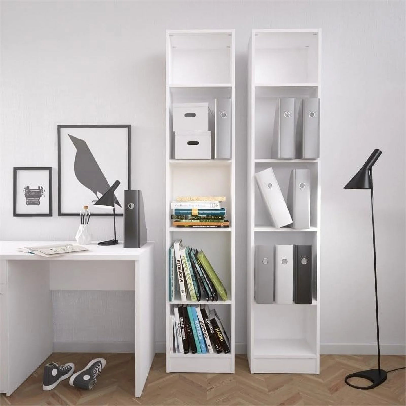 White Modern 5-Tier Tall Bookshelf Compact Size 10.5"D x 16"W x 80"H Living Room Office Shelves Storage Furniture Display Stand