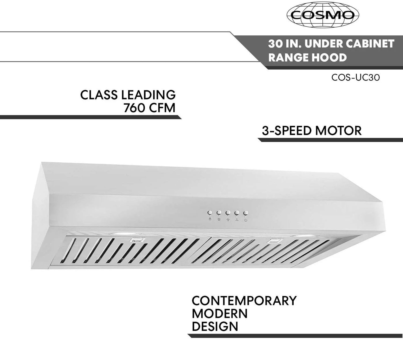 Cosmo UC30 30-Inch Under-Cabinet Range Hood and Over Stove Vent Light, Silver