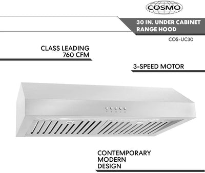 Cosmo UC30 30-Inch Under-Cabinet Range Hood and Over Stove Vent Light, Silver