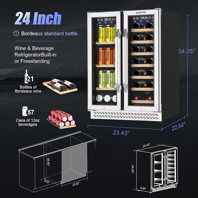 Yolsali 24 Inch Wine Cooler, Beverage Refrigerator, Dual Zone Wine Cooler Refrigerator with 2 Safety Locks, Adjustable Legs, Soft LED Light, Hold 20 Bottles and 57 Cans, Built-In or Freestanding