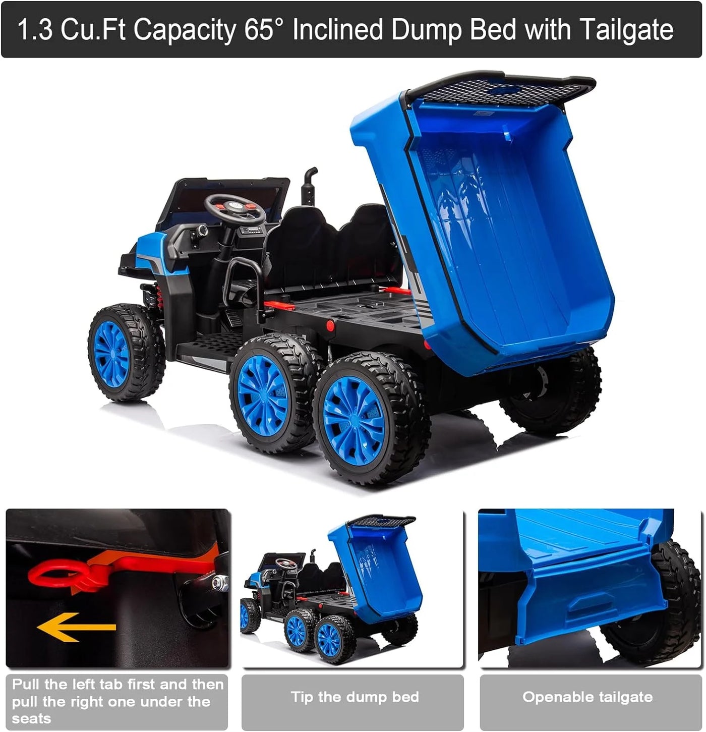 Track 7 24V Ride on Dump Truck, 2-Seater Ride on Car with Remote Control, 6 Wheels Electric Tractor with Dump Bed, Music, Shift Lever, 4WD off-Road UTV, Blue