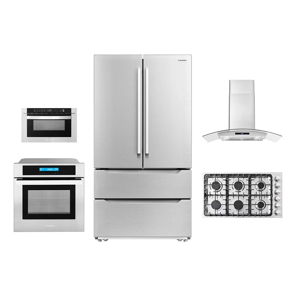 5 Piece Kitchen Package With 36" Gas Cooktop 36" Wall Mount Range Hood 30" Single Electric Wall Oven 24" Built-In Microwave Drawer & French Door Refrigerator