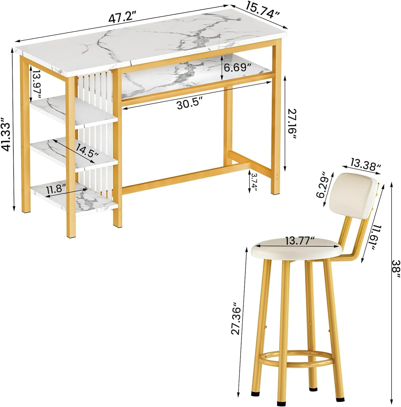 3-Piece Bar Table and Chairs Set, Modern White Faux Marble Table with 2 PU Cushion Bar Stools, Kitchen Counter with 3 Tier Storage Shelves, Space Saving Table for Home & Kitchen, Gold Frame