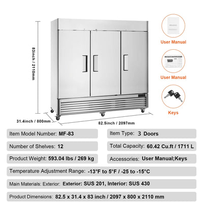 SKYSHALO Commercial Freezer 60.42 Cu.ft Reach In Upright Freezer 3 Doors 12 Shelves