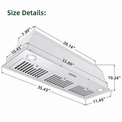 JOEAONZ 36 inch Range Hood Built-in 600CFM Stainless Kitchen Vent 3-Speed with Led Bulb Easy Clean Filter