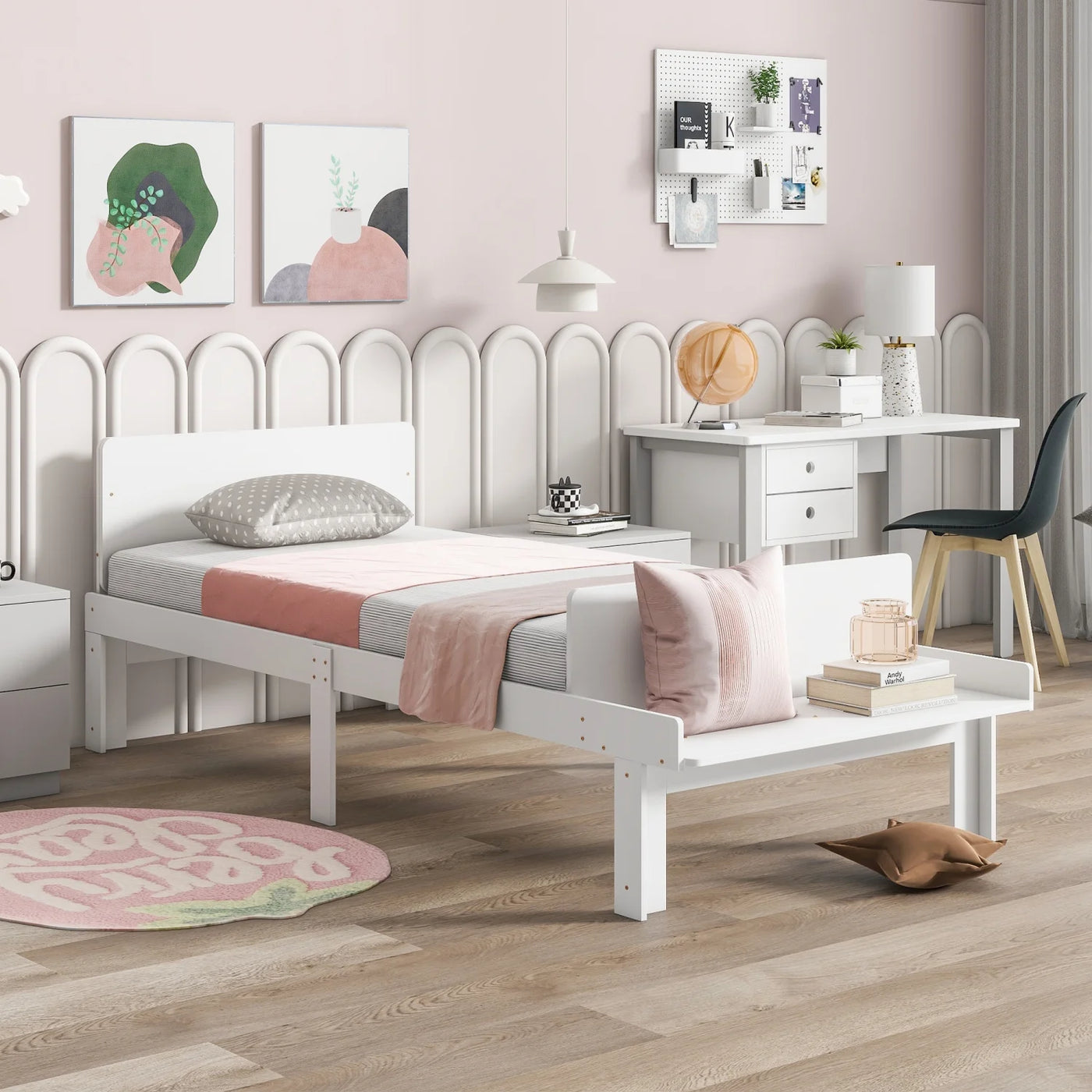 Create a chic and cozy bedroom look with this stylish and elegant white twin bed featuring a footboard bench for added comfort - perfect for enhancing the style and comfort of your bedroo