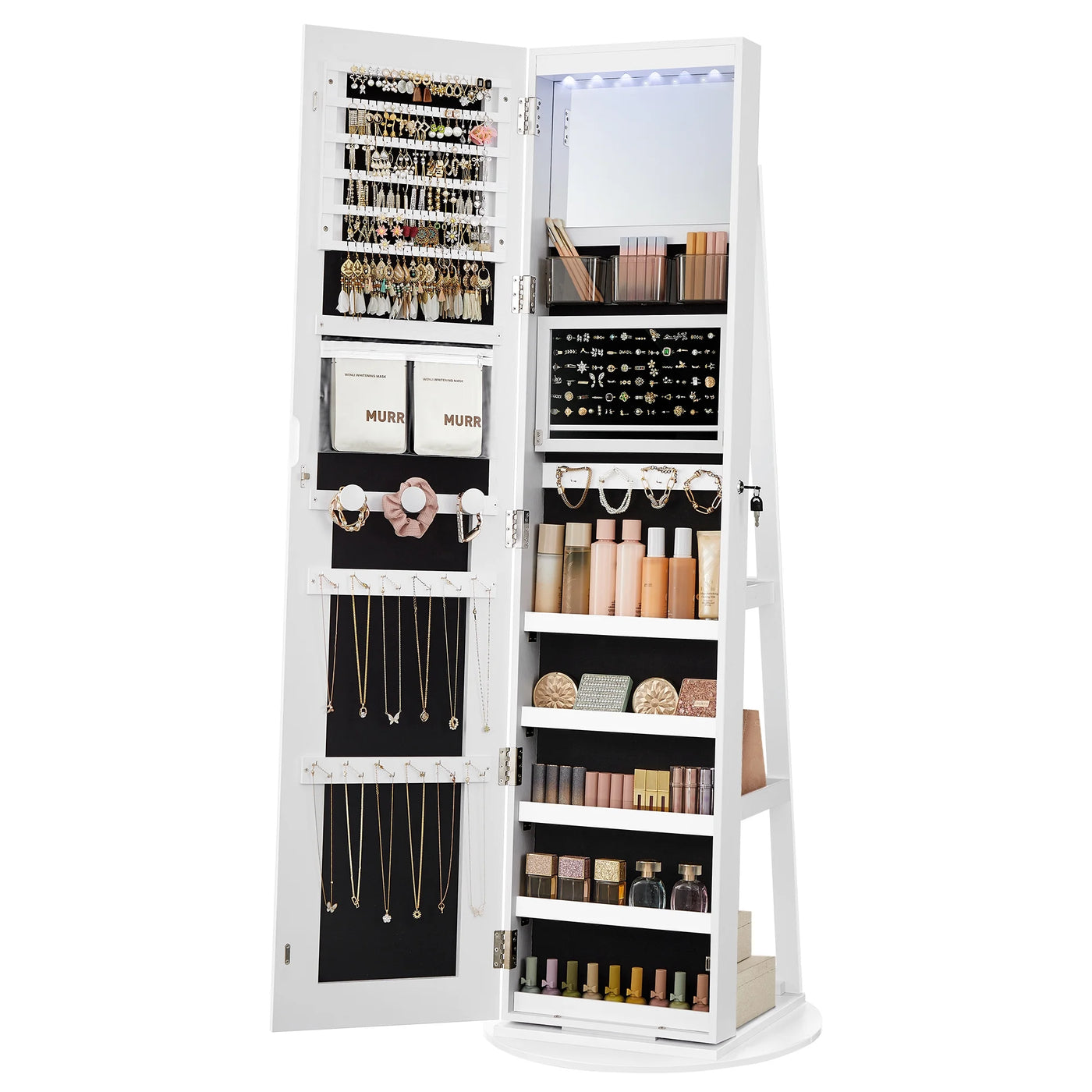 SONGMICS LED Mirror Jewelry Cabinet Standing Jewelry Armoire Organizer Box with Full-Length Mirror and Adjustable LED Lights White