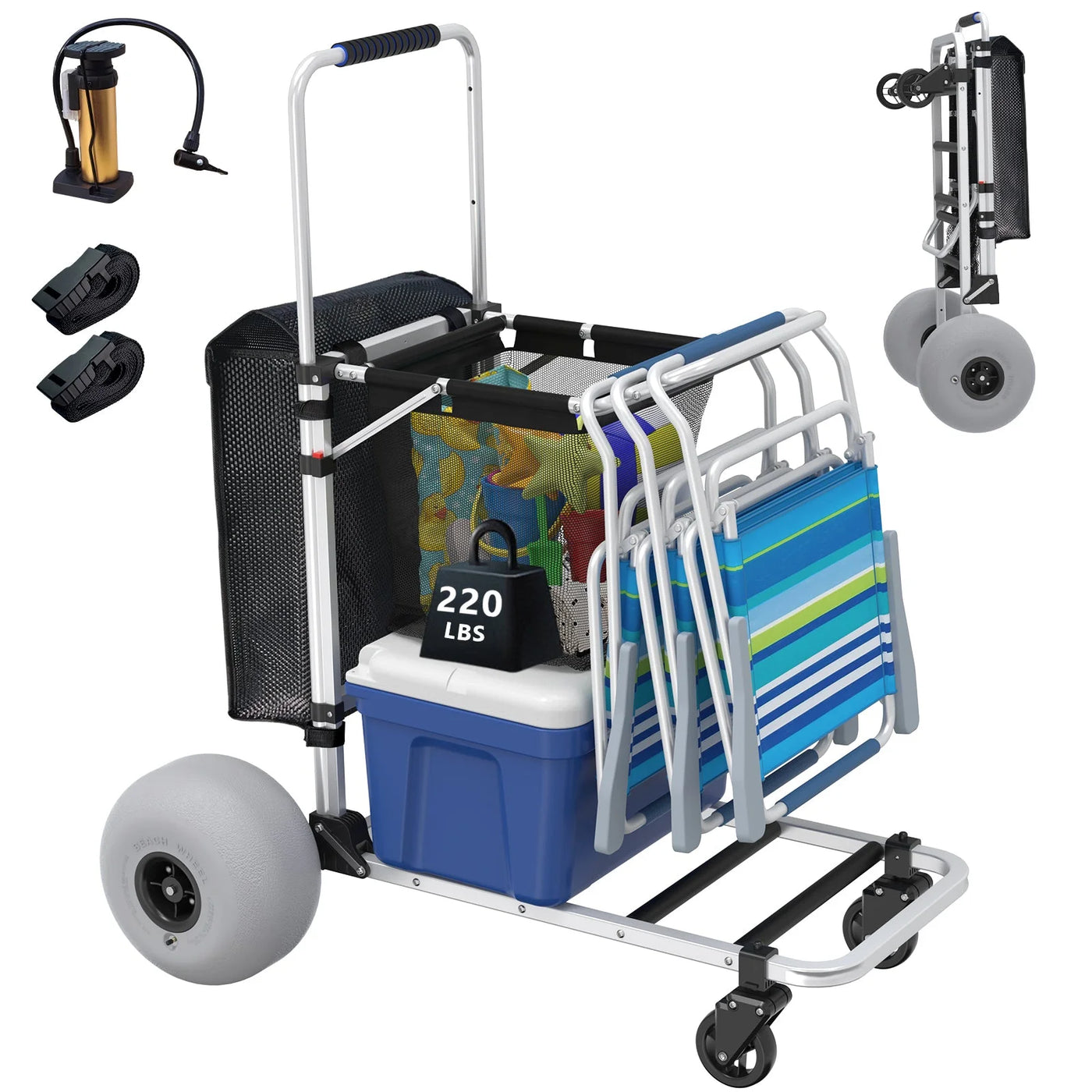 GDLF Foldable Beach Cart with Adjustable Handle and 12" Balloon Wheels, Heavy Duty Aluminum 220LBS Capacity