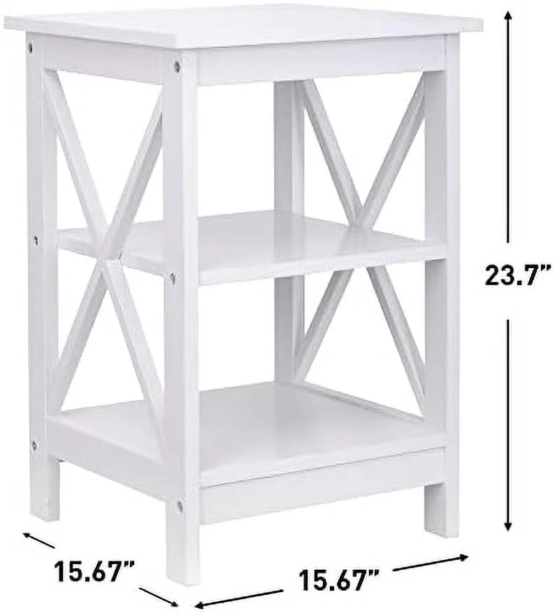 ASDRFYU 3-Tier End/Side/Sofa/Table with Shelves Wooden X-Design Nightstand for Small Space Living Room Bedroom Office Bathroom White