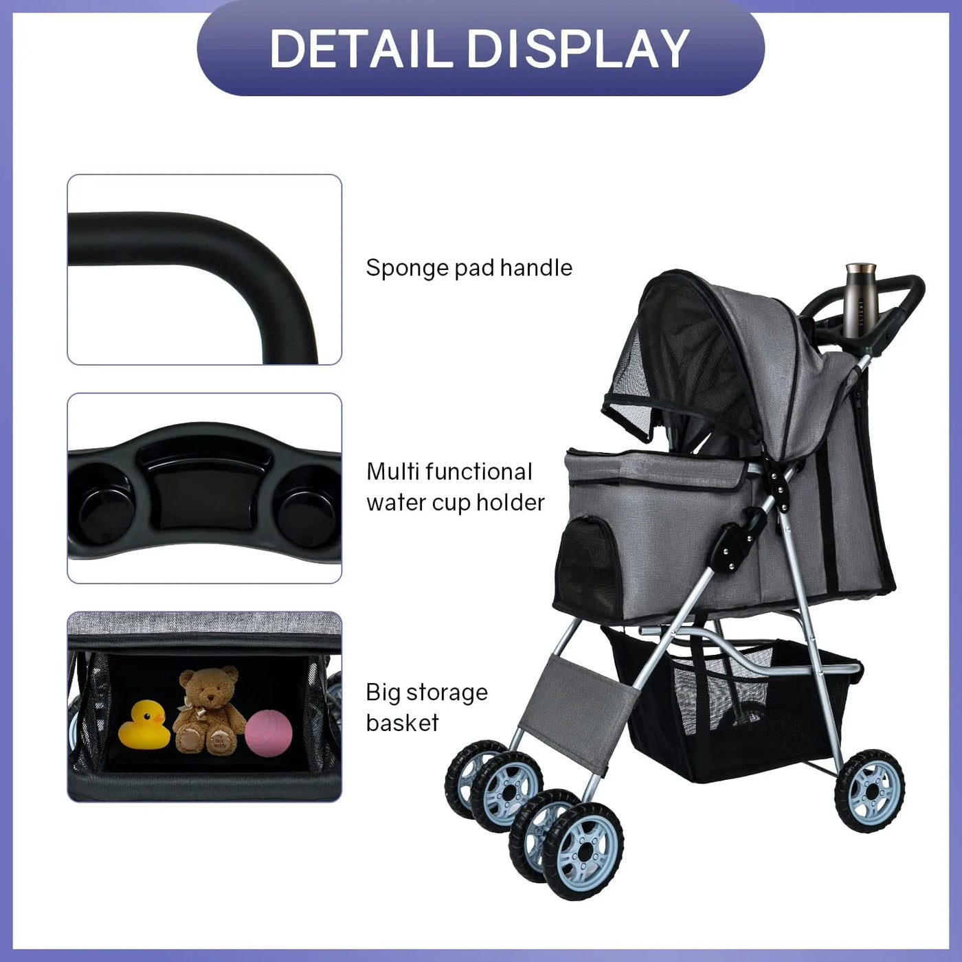 Dkelincs Pet Stroller 4 Wheels Foldable Dog Cat Stroller Travel Carrier with Storage Basket & Cup Holder, Grey