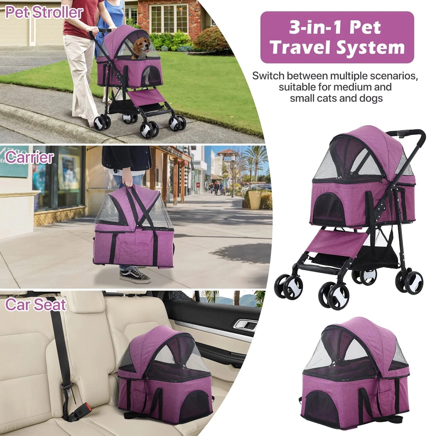 NiamVelo Pet Stroller 3-in-1 Detachable Dog Stroller with 4 Wheels Foldable Dog Travel Cart Cat Walker for Doggy Rabbit, Purple