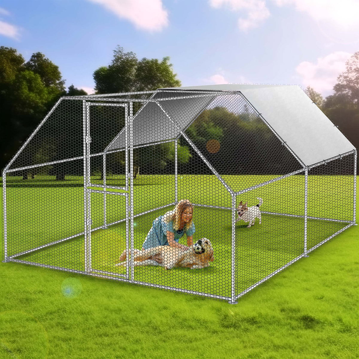 Dextrus Chicken Run Coop 13.1 x 9.8 x 6.4 ft Large Metal Chicken Coop Spire Shaped, Walk-in Hen Cage, Outdoor Poultry Cage with Waterproof Cover and Wire Mesh for Backyard,Yard Outdoor