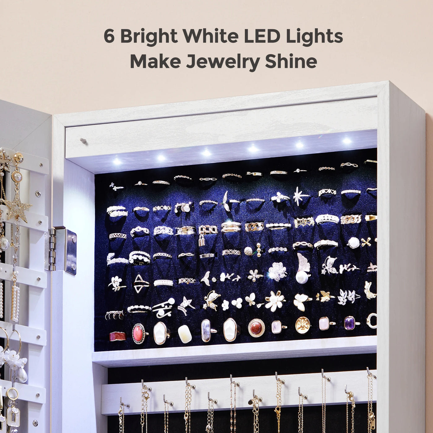 SONGMICS Hanging Mirror Jewelry Cabinet Wall or Door Mounted Jewelry Armoires with LED Interior Lights Jewelry Organizer Box Holder Full-Length Mirror White